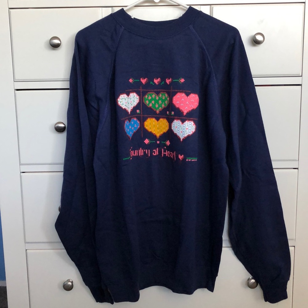 Country at Heart Navy Sweatshirt - Cross Stitch Look Design XL